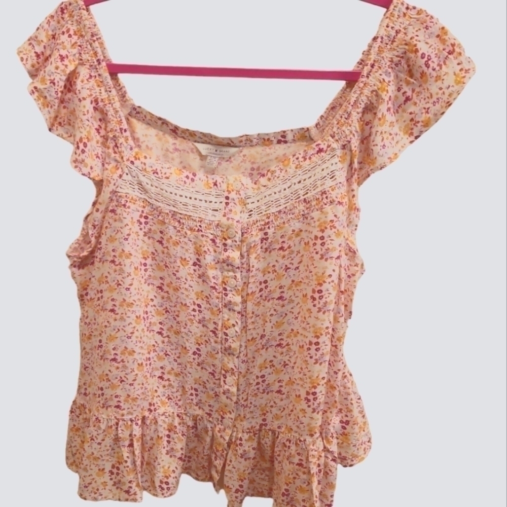 Lucky Brand Women's Floral Ruffled Button Front Lace Flare Bottom Top Size Large